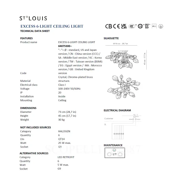 saint louis crystal excess ceiling lamp technical sheet